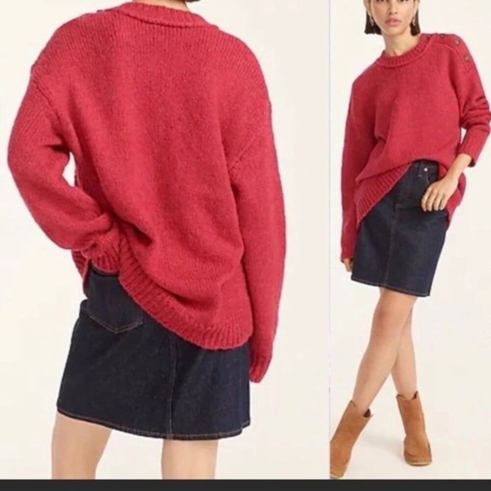 J.Crew Size M Alpaca Wool Raspberry Red Shoulder Button Fuzzy Pullover Sweater